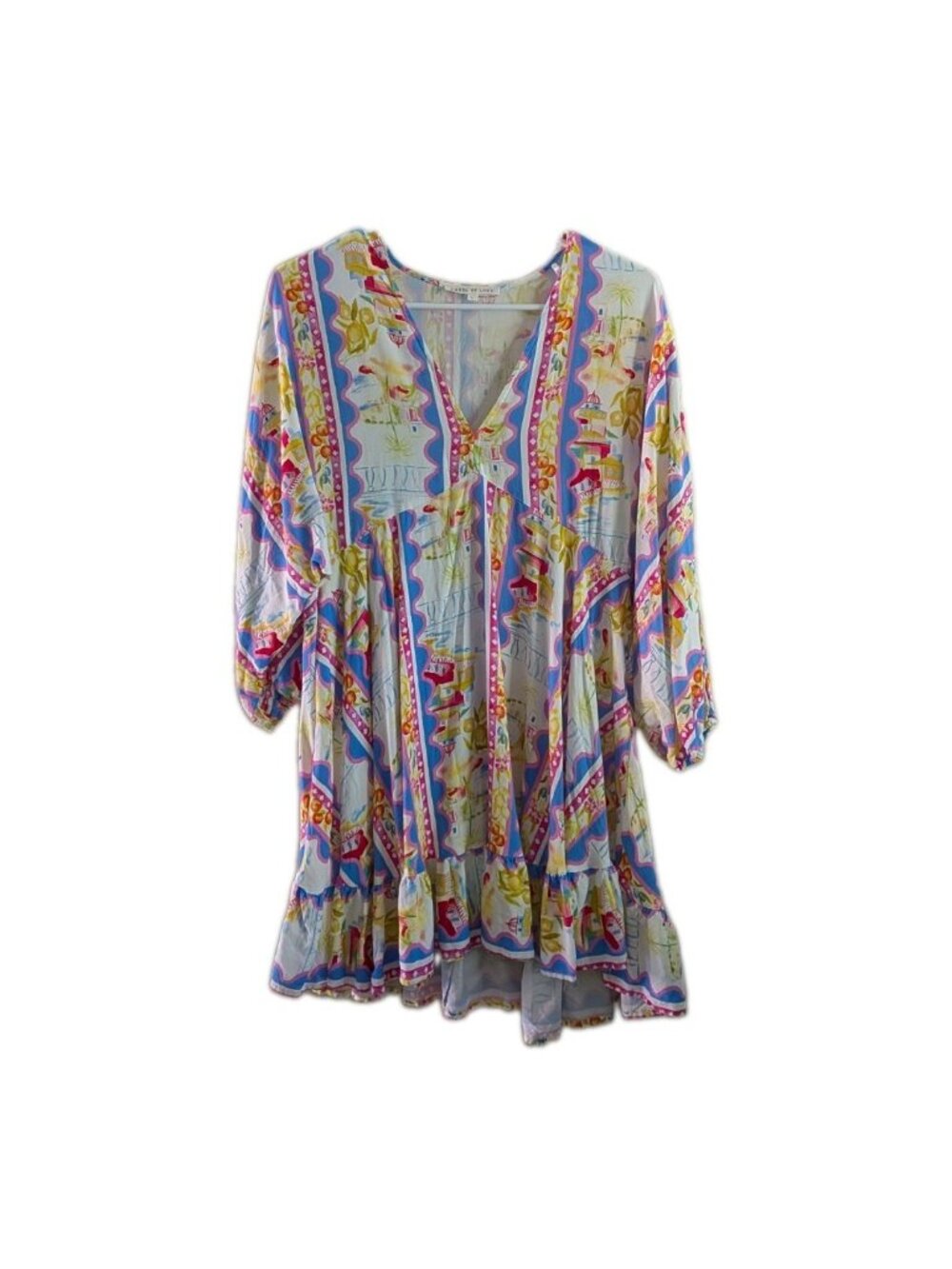 Label of Love Mini Dress Womens L Boho Coastal Scenery Ruffle Hem V-Neck
